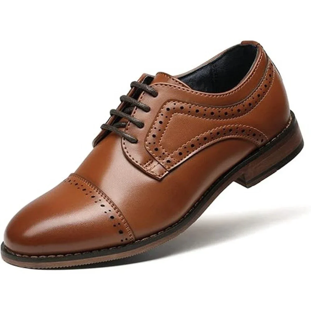 Bruno Marc Boys Size 4 Brown Faux Leather Lace Up Classic Oxfords Dress Shoes